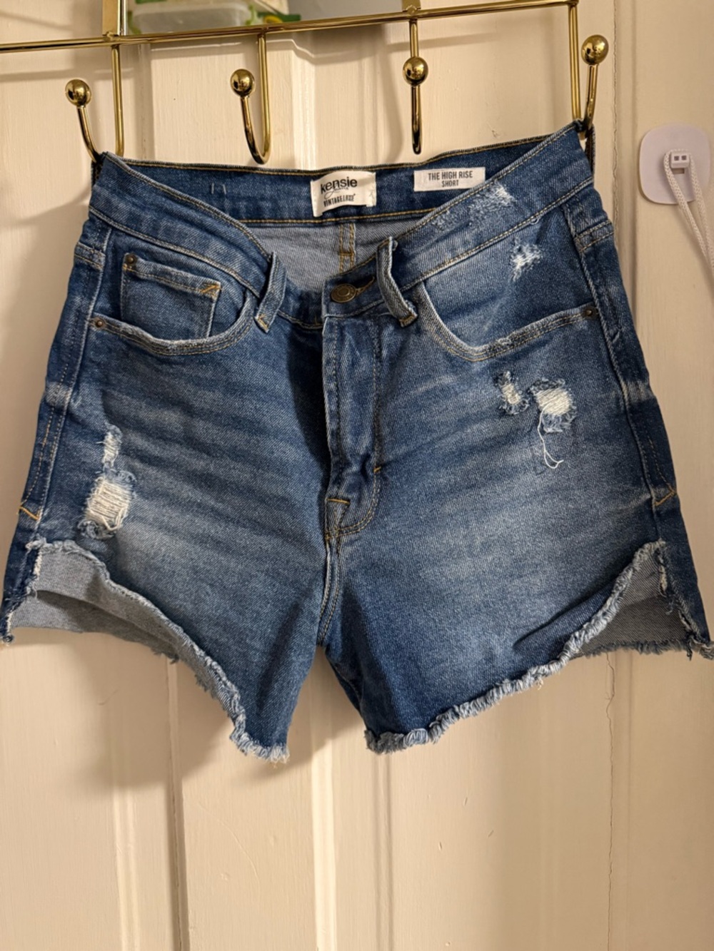Kensie Distressed High-Rise Denim Shorts in Blue Wash